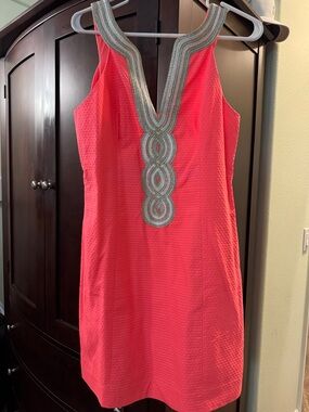 Lilly Pulitzer Coral Pink Sleeveless Shift Dress with Metallic Trim